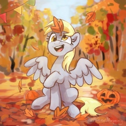 Size: 1418x1418 | Tagged: safe, artist:aanotherpony, character:derpy hooves, species:pegasus, species:pony, g4, autumn, commission, cute, derp, derpabetes, female, food, forest, halloween, holiday, jack-o-lantern, leaves, mare, open mouth, open smile, pumpkin, scenery, signature, sitting, smiling, solo, spread wings, wings