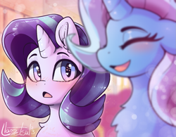 Size: 1087x846 | Tagged: safe, artist:llametsul, character:starlight glimmer, character:trixie, species:pony, species:unicorn, ship:startrix, g4, blushing, chest fluff, cute, duo, duo female, eyebrows, eyes closed, female, heart, heart eyes, horn, lesbian, looking at someone, mare, open mouth, open smile, shipping, signature, smiling, wingding eyes