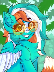 Size: 1200x1600 | Tagged: safe, artist:falafeljake, oc, oc only, oc:phoenix redtail, species:pegasus, species:pony, chest fluff, colored wings, ear fluff, eyebrows, eyebrows visible through hair, female, glasses, grin, looking at you, mare, pegasus oc, round glasses, signature, smiling, smiling at you, solo, wings
