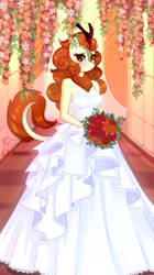 Size: 2238x4000 | Tagged: safe, artist:xjenn9, character:autumn blaze, species:anthro, species:kirin, g4, bouquet, bride, clothing, dress, female, flower, heart, heart eyes, looking at you, marriage, rose, solo, wedding, wedding dress, wingding eyes, ych example, your character here