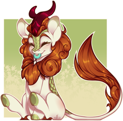 Size: 947x931 | Tagged: safe, artist:sylvanaurora, character:autumn blaze, species:kirin, g4, chew toy, chewing, cloven hooves, eating, eyes closed, gradient background, happy, hooves, jewelry, leonine tail, necklace, neurodivergent, partially transparent background, smiling, solo, stimming, tail