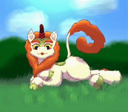 Size: 640x557 | Tagged: safe, artist:gosha305, character:autumn blaze, species:kirin, g4, :3, blep, cheek fluff, chest fluff, cloven hooves, crossed hooves, ear fluff, eyebrows, eyelashes, fluffy, fluffy mane, full body, hooves, horn, looking at you, lying down, on side, smiling, solo, tongue out, unshorn fetlocks