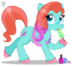 Size: 1445x1328 | Tagged: safe, artist:rainbow eevee, character:jazz hooves, species:earth pony, species:pony, g5, cute, digital art, female, food, hoof hold, hoof polish, hooficure, jazzibetes, mare, nail polish, popsicle, simple background, solo, teal eyes, transparent background, vector