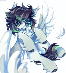 Size: 1849x2048 | Tagged: safe, artist:vanilla-chan, oc, oc only, oc:chidori, species:pegasus, species:pony, chest fluff, eye clipping through hair, eyebrows, eyebrows visible through hair, feather, female, looking at you, mare, open mouth, pegasus oc, simple background, solo, spread wings, white background, wings