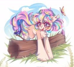 Size: 2200x2000 | Tagged: safe, artist:vanilla-chan, oc, oc only, oc:bijou butterfly, species:earth pony, species:pony, butterfly, chest fluff, earth pony oc, eye clipping through hair, eyebrows, eyebrows visible through hair, female, grass, high res, mare, open mouth, open smile, smiling, solo