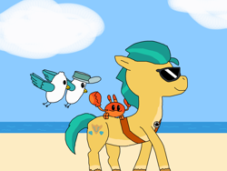 Size: 2000x1500 | Tagged: safe, artist:blazewing, character:hitch trailblazer, character:kenneth, character:mcsnips-a-lot, species:bird, species:crab, species:earth pony, species:pony, species:seagull, newbie artist training grounds, g5, atg 2022, beach, blaze (coat marking), cloud, colored background, critter magnet, drawpile, flying, male, ocean, outdoors, sand, sheriff's badge, smiling, stallion, sunglasses, walking, water