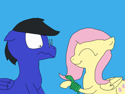 Size: 2000x1500 | Tagged: safe, artist:blazewing, character:fluttershy, oc, oc:blazewing, species:pegasus, species:pony, newbie artist training grounds, g4, atg 2022, blue background, colored background, drawpile, eyes closed, female, glasses, male, mare, ophidiophobia, scared, simple background, smiling, snake, stallion, wide eyes