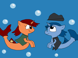 Size: 2000x1500 | Tagged: safe, artist:blazewing, oc, oc only, oc:syntax, oc:tough cookie, species:pony, species:seapony (g4), species:unicorn, newbie artist training grounds, atg 2022, bubble, clothing, colored background, fedora, female, frown, glasses, hat, male, mare, palindrome get, seaponified, smiling, species swap, stallion, underwater, vest, water