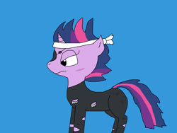 Size: 2000x1500 | Tagged: safe, artist:blazewing, character:twilight sparkle, character:twilight sparkle (unicorn), species:pony, species:unicorn, episode:it's about time, g4, my little pony: friendship is magic, blue background, bodysuit, catsuit, clothing, clothing damage, colored background, drawpile, eyepatch, frown, future twilight, headband, messy mane, messy tail, scar, simple background, solo, tail