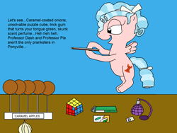 Size: 2000x1500 | Tagged: safe, artist:blazewing, character:cozy glow, species:pegasus, species:pony, newbie artist training grounds, g4, atg 2022, blue background, bow, chewing gum, clipboard, colored background, devious, dialogue, drawpile, female, filly, flying, foal, food, hair ribbon, label, onion, perfume, prank, ribbon, rubik's cube, simple background, smiling, sneaky, solo, table, tail, text, young