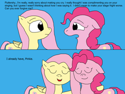 Size: 2000x1500 | Tagged: safe, artist:blazewing, character:fluttershy, character:pinkie pie, species:earth pony, species:pegasus, species:pony, newbie artist training grounds, episode:filli vanilli, g4, my little pony: friendship is magic, 2 panel comic, atg 2022, blue background, colored background, comic, drawpile, episode followup, eyes closed, female, floppy ears, forgiveness, happy, hug, mare, nuzzling, sad, simple background, smiling, text, wholesome