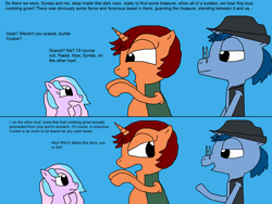 Size: 2000x1500 | Tagged: safe, artist:blazewing, oc, oc only, oc:pastel macaroon, oc:syntax, oc:tough cookie, species:earth pony, species:pony, species:unicorn, newbie artist training grounds, 2 panel comic, atg 2022, aunt and niece, blue background, chubby, clothing, colored background, comic, drawpile, fat, fedora, female, filly, foal, freckles, glasses, hat, jacket, male, mare, raised hooves, simple background, stallion, text, vest, young