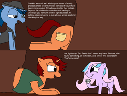 Size: 2000x1500 | Tagged: safe, artist:blazewing, oc, oc only, oc:pastel macaroon, oc:syntax, oc:tough cookie, species:earth pony, species:pony, species:unicorn, newbie artist training grounds, 2 panel comic, atg 2022, aunt and niece, belly, cave, chubby, clothing, comic, diamond, drawpile, fat, fedora, female, filly, foal, freckles, gem, glasses, hat, hole, male, mare, smiling, stallion, stuck, text, unamused, vest, young