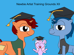 Size: 2000x1500 | Tagged: safe, artist:blazewing, oc, oc only, oc:pastel macaroon, oc:syntax, oc:tough cookie, species:earth pony, species:pony, species:unicorn, newbie artist training grounds, atg 2022, belly, blue background, chubby, clothing, colored background, drawpile, eyes closed, fat, female, filly, foal, freckles, glasses, graduation cap, happy, hat, looking at you, male, mare, open mouth, raised hooves, simple background, smiling, stallion, vest, young