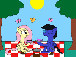 Size: 2000x1500 | Tagged: safe, artist:blazewing, character:fluttershy, oc, oc:blazewing, species:pegasus, species:pony, newbie artist training grounds, g4, atg 2023, butterfly, cake, cup, drawpile, duo, eyes closed, female, food, glasses, male, mare, picnic, picnic blanket, plate, sitting, slice of cake, smiling, stallion, sun, teacup, teapot, tree