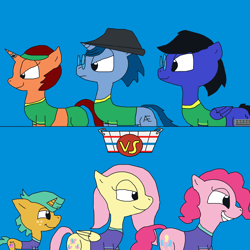 Size: 2000x2000 | Tagged: safe, artist:blazewing, character:fluttershy, character:pinkie pie, character:snails, oc, oc:blazewing, oc:syntax, oc:tough cookie, species:pegasus, species:pony, newbie artist training grounds, g4, atg 2023, basket, blue background, bondage, buckball, buckball uniform, buckbasket, bushel basket, clothing, colt, determined, drawpile, fedora, female, foal, frown, glasses, hairband, hat, horn, horn jewelry, horn ring, jersey, jewelry, magic suppression, male, mare, midriff, pants, ring, simple background, smiling, stallion, tail, vs, wings, young
