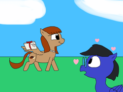 Size: 2000x1500 | Tagged: safe, artist:blazewing, oc, oc only, oc:blazewing, oc:pecan sandy, species:pegasus, species:pony, newbie artist training grounds, atg 2023, box, cloud, cookie, drawpile, female, floating heart, food, grass, heart, jewelry, male, mare, necklace, open mouth, pearl necklace, smiling, stallion, walking