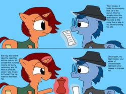 Size: 2000x1500 | Tagged: safe, artist:blazewing, oc, oc only, oc:syntax, oc:tough cookie, species:pony, species:unicorn, newbie artist training grounds, 2 panel comic, atg 2023, blue background, clothing, comic, duo, fedora, glasses, glowing horn, happy, hat, jacket, magic, magic aura, paper, raised hoof, sad, simple background, smiling, talking, telekinesis, text, vase, vest