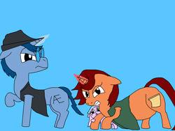 Size: 2000x1500 | Tagged: safe, artist:blazewing, oc, oc only, oc:pastel macaroon, oc:syntax, oc:tough cookie, species:earth pony, species:pony, species:unicorn, newbie artist training grounds, angry, atg 2023, aunt and niece, blue background, chubby, clothing, crouching, drawpile, ears back, fedora, female, filly, foal, frown, glare, glasses, glowing, glowing horn, hat, horn, jacket, magic, magic aura, male, mama bear, mare, papa wolf, protecting, raised hoof, scared, simple background, stallion, vest, worried, young