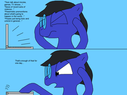 Size: 2000x1500 | Tagged: safe, artist:blazewing, oc, oc only, oc:blazewing, species:pegasus, species:pony, newbie artist training grounds, 2 panel comic, atg 2023, blue background, comic, computer, drawpile, eyes closed, glasses, headache, internet, laptop computer, male, male oc, relatable, simple background, solo, stallion, stressed, text