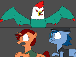 Size: 2000x1500 | Tagged: safe, artist:blazewing, oc, oc only, oc:syntax, oc:tough cookie, species:cockatrice, species:pony, species:unicorn, newbie artist training grounds, 2 panel comic, atg 2023, clothing, comic, drawpile, duo, fangs, fedora, female, glasses, gray background, hat, jacket, male, mare, open mouth, panicking, raised hoof, rearing, scared, sharp teeth, shrunken pupils, simple background, spread wings, stallion, vest, wings