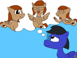 Size: 2000x1500 | Tagged: safe, artist:blazewing, oc, oc only, oc:blazewing, oc:pecan sandy, species:pegasus, species:pony, newbie artist training grounds, atg 2023, belly, bipedal, chubby, cookie, daydream, drawpile, eating, eyes closed, female, food, glasses, hoof on belly, jewelry, laughing, male, mare, necklace, on hind legs, pearl necklace, puffy cheeks, smiling, spread wings, stallion, thought bubble, wings