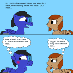 Size: 2000x2000 | Tagged: safe, artist:blazewing, oc, oc only, oc:blazewing, oc:pecan sandy, species:pegasus, species:pony, newbie artist training grounds, 2 panel comic, atg 2023, blue background, blushing, comic, drawpile, duo, female, frown, looking away, male, mare, nervous, shy, simple background, smiling, stallion, talking, text, thought bubble, wavy mouth