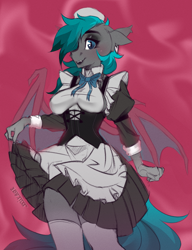 Size: 1843x2400 | Tagged: safe, artist:mirage, oc, oc only, species:anthro, species:bat pony, g4, abstract background, anthro oc, bat pony oc, bat wings, clothing, corset, explicit source, female, looking at you, maid, mare, socks, solo, stockings, thigh highs, wings