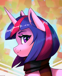 Size: 2000x2469 | Tagged: safe, artist:mrscroup, character:twilight sparkle, character:twilight sparkle (unicorn), species:pony, species:unicorn, g4, bust, clothing, colored eyebrows, ear fluff, eyebrows, female, high res, looking at you, looking back, mare, portrait, profile, scarf, smiling, smiling at you, solo
