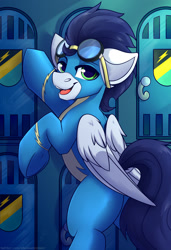 Size: 1200x1750 | Tagged: safe, artist:shadowreindeer, character:soarin', species:pegasus, species:pony, g4, bipedal, bipedal leaning, clothing, dock, goggles, indoors, leaning, locker room, looking at you, male, open mouth, solo, stallion, underhoof, uniform, wonderbolts, wonderbolts uniform