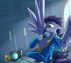 Size: 1280x1138 | Tagged: safe, artist:rocket-lawnchair, character:soarin', species:pegasus, species:pony, g4, clothing, dressing, floppy ears, goggles, indoors, locker room, male, solo, spread wings, stallion, struggling, uniform, wings, wonderbolts, wonderbolts uniform
