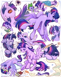 Size: 1632x2048 | Tagged: safe, artist:universe5052, character:spike, character:twilight sparkle, character:twilight sparkle (alicorn), species:alicorn, species:dragon, species:pony, g4, bibliophile, bibliophilia, book, chest fluff, collage, depression, drunk bubbles, emotions, exhausted, eyes closed, feather, female, lidded eyes, looking up, male, mare, messy mane, multeity, obsession, pillow, quill, reading, sleeping, sleepy, sparkle sparkle sparkle, sweat, sweatdrop, tired, tongue out, wings