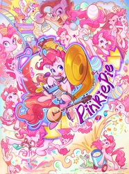 Size: 1523x2048 | Tagged: safe, artist:universe5052, character:gummy, character:pinkamena diane pie, character:pinkie pie, species:earth pony, species:pony, g4, accordion, alligator, balloon, banjo, blep, bow, cake, cannon, cartwheel, clothing, cupcake, cute, diapinkes, dress, drums, fake moustache, female, flashlight (object), floating, food, funny, funny face, gala dress, glasses, groucho mask, harmonica, heart, male, music notes, musical instrument, party cannon, party horn, pie, pinktails pie, pony cannonball, rainbow power, rainbow power-ified, roller coaster, silly, silly pony, smiling, sousaphone, straight hair, tambourine, text, then watch her balloons lift her up to the sky, tongue out, tuba, weapon