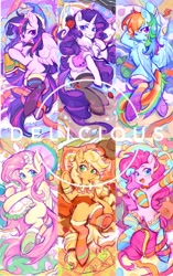 Size: 1286x2048 | Tagged: safe, artist:universe5052, character:applejack, character:fluttershy, character:pinkie pie, character:rainbow dash, character:rarity, character:twilight sparkle, species:alicorn, species:earth pony, species:pegasus, species:pony, species:unicorn, g4, apple family member, clothing, collar, female, flower, flower in hair, looking at you, mane six, mare, one eye closed, patch, pillow, rose, socks