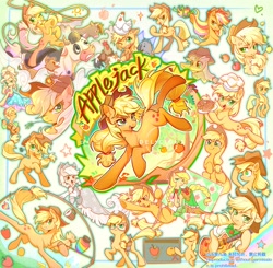Size: 2048x2005 | Tagged: safe, artist:universe5052, character:applejack, character:winona, species:bird, species:chicken, species:cow, species:earth pony, species:pony, g4, apple, apple chord, apple family member, applejack is best facemaker, applejack's hat, applejewel, bass guitar, chef's hat, chest fluff, clothing, cowboy hat, cute, dress, equestria girls outfit, female, food, gala dress, goggles, guitar, hat, high res, hoof hold, human pony applejack, jackabetes, jackletree, jam, lasso, mare, mud, multeity, musical instrument, orange, pie, pig, rainbow power, rope, safety goggles, smiling, spirit of hearth's warming past, stetson, sweat, zap apple, zap apple jam