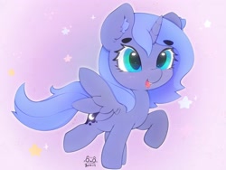 Size: 4000x3000 | Tagged: safe, artist:zokkili, character:princess luna, species:alicorn, species:pony, g4, beanbrows, cute, ear fluff, eyebrows, eyebrows visible through hair, female, high res, horn, lunabetes, open mouth, open smile, raised hoof, raised leg, signature, smiling, solo, spread wings, stars, wings