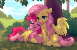 Size: 2195x1447 | Tagged: safe, artist:ilightningstari, character:fluttershy, character:pinkie pie, species:earth pony, species:pegasus, species:pony, ship:flutterpie, g4, belly fluff, chest fluff, dappled sunlight, duo, duo female, eyebrows, female, floppy ears, grass, hug, lesbian, lidded eyes, looking at someone, lying down, mare, open mouth, outdoors, prone, shipping, sitting, sleeping, smiling, spread wings, tree, under the tree, wing blanket, winghug, wings