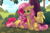 Size: 2195x1447 | Tagged: safe, artist:lightning-stars, character:fluttershy, character:pinkie pie, species:earth pony, species:pegasus, species:pony, ship:flutterpie, g4, belly fluff, chest fluff, dappled sunlight, duo, duo female, eyebrows, female, floppy ears, grass, hug, lesbian, lidded eyes, looking at someone, lying down, mare, open mouth, outdoors, prone, shipping, sitting, sleeping, smiling, spread wings, tree, under the tree, wing blanket, winghug, wings