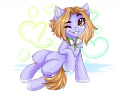 Size: 1600x1200 | Tagged: safe, artist:falafeljake, oc, oc only, species:earth pony, species:pony, belly, belly button, bow tie, chest fluff, clothing, ear fluff, earth pony oc, eye clipping through hair, eyebrows, eyebrows visible through hair, female, fluffy, grin, hoof fluff, hooves, leg fluff, looking at you, mare, one eye closed, smiling, smiling at you, solo, unshorn fetlocks, wink, winking at you