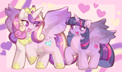 Size: 3192x1888 | Tagged: safe, artist:lumiville, character:princess cadance, character:twilight sparkle, character:twilight sparkle (alicorn), species:alicorn, species:pony, g4, duo, duo female, eye clipping through hair, female, heart, high res, horn, looking at each other, looking at someone, mare, open mouth, open smile, raised hoof, sisters-in-law, smiling, smiling at each other, smiling at someone, spread wings, wings