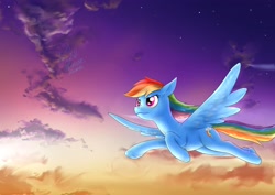 Size: 4093x2894 | Tagged: safe, artist:eltanin14d, character:rainbow dash, species:pegasus, species:pony, g4, cloud, female, flying, high res, mare, sky, solo, spread wings, stars, wings