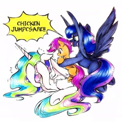 Size: 2153x2154 | Tagged: safe, artist:liaaqila, character:princess celestia, character:princess luna, character:scootaloo, species:alicorn, species:pegasus, species:pony, g4, alektorophobia, blank flank, butt, commission, eyes closed, female, filly, flying, folded wings, high res, holding, holding a pony, horn, jumpscare, mare, open mouth, plot, royal sisters, scared, scootachicken, siblings, signature, simple background, sisters, speech bubble, spread wings, that princess sure is afraid of chickens, traditional art, trio, underhoof, white background, wings, young