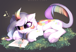 Size: 4379x3001 | Tagged: safe, artist:magnaluna, oc, oc only, oc:cloudy canvas, species:kirin, cute, female, foliage, grass, high res, holding, humming, kirin oc, lying down, mouth hold, multicolored hair, non-pony oc, paint splatter, paintbrush, painting, palette, prone, rainbow hair, signature, solo, tail, underhoof