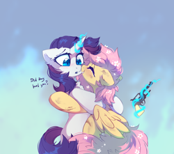 Size: 1700x1500 | Tagged: safe, artist:mirtash, character:fluttershy, character:rarity, species:pegasus, species:pony, species:unicorn, ship:rarishy, g4, chest fluff, crying, duo, duo female, ear fluff, eyebrows, eyes closed, female, glowing horn, gun, horn, hug, lesbian, levitation, magic, magic aura, mare, open mouth, revolver, shipping, tears of joy, telekinesis, weapon, wings