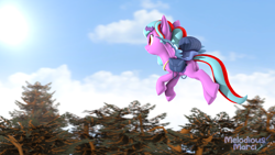 Size: 3840x2160 | Tagged: safe, artist:melodiousmarci, oc, oc:star beats, species:pegasus, species:pony, 3d, backpack, bag, cloud, female, flying, saddle bag, sky, solo, source filmmaker, sun, travelling, tree