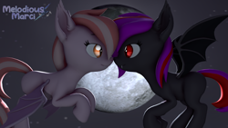 Size: 3840x2160 | Tagged: safe, artist:melodiousmarci, oc, oc:alum orchid, oc:strawberry gleam, species:bat pony, species:pony, 3d, cute, fangs, female, flying, high res, looking at each other, looking at someone, moon, night, nose to nose, nose wrinkle, oc x oc, ocbetes, sharp teeth, shipping, source filmmaker, stars