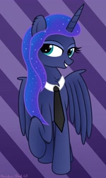 Size: 2416x4032 | Tagged: safe, artist:rainbowšpekgs, character:princess luna, species:alicorn, species:pony, g4, chest fluff, ethereal mane, explicit source, eyelashes, female, galaxy mane, hooves, mare, necktie, one hoof raised, smiling, solo, wings