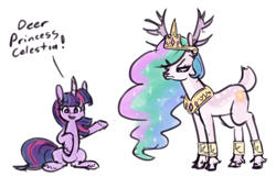 Size: 1240x800 | Tagged: safe, artist:king-kakapo, character:princess celestia, character:twilight sparkle, character:twilight sparkle (unicorn), species:deer, species:pony, species:unicorn, g4, antlers, celestia is not amused, cloven hooves, dear princess celestia, deerified, deerlestia, dialogue, duo, female, frown, hooves, looking at you, mare, narrowed eyes, pun, simple background, sitting, species swap, talking to viewer, unamused, visual gag, white background