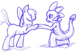 Size: 900x602 | Tagged: safe, artist:sharpy, character:apple bloom, character:spike, species:dragon, species:pony, ship:spikebloom, g4, apple family member, cute, eyes closed, female, filly, holding hands, holding hoof, male, monochrome, profile, shipping, straight, young