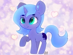 Size: 4000x3000 | Tagged: safe, artist:zokkili, character:princess luna, species:pony, g4, beanbrows, cute, ear fluff, eyebrows, female, heart, heart eyes, high res, horn, lunabetes, raised hoof, signature, smiling, solo, wingding eyes, wingless